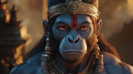 Powerful Hanuman God Majestic Blue Monkey King Hindu Mythology Digital Art Intense Gaze Golden Jewelry Ancient India Epic Powerful Image Spiritual    