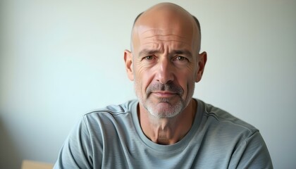 Obraz premium Bald Caucasian Man with Neutral Expression in Studio Light – Aging and Masculinity