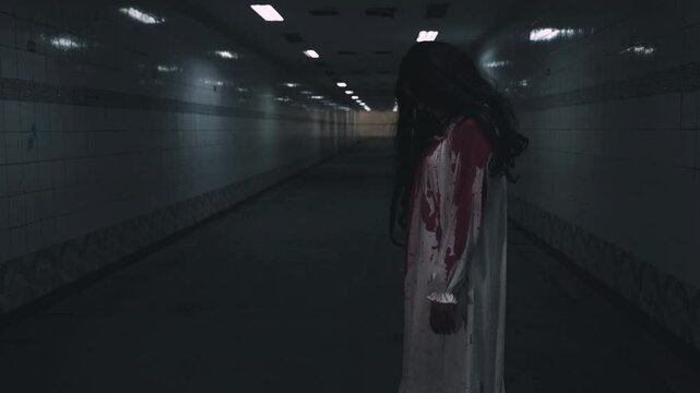 Bloody halloween makeup. Asian woman zombie with blood she death and scary at dark night in tunnel, Horror bloodthirsty ghost girl hair covering face and eye reach arm out, Happy halloween day concept