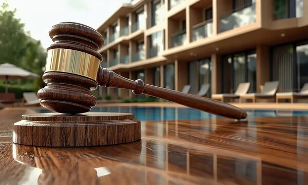 A wooden gavel rests in front of a modern house, symbolizing real estate law, auctions, property sales, or legal decisions.
