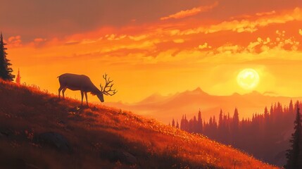 Majestic deer grazing on a hillside at sunset, overlooking a hazy mountain range.