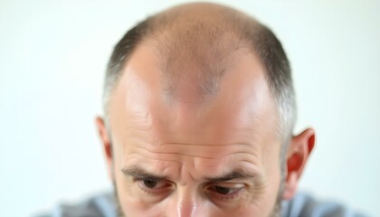Fototapeta premium Bald Man with Receding Hairline Looking Down in Studio Light – Aging and Hair Loss Theme