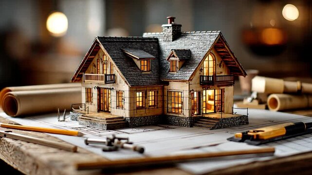 Cozy house model atop blueprints, warm lighting, and drafting tools