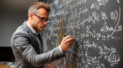A focused male professor writes complex mathematical equations on a large blackboard in a classroom setting.