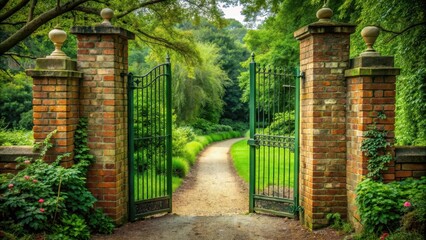 Rusty green metal gate with two brick pillars on a rustic stone path leading to a serene garden surrounded by nature, natural setting, brick pillar