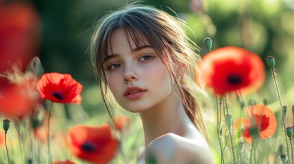 Naklejka premium Portrait of a Young Woman Amidst Red Poppies in a Summer Field