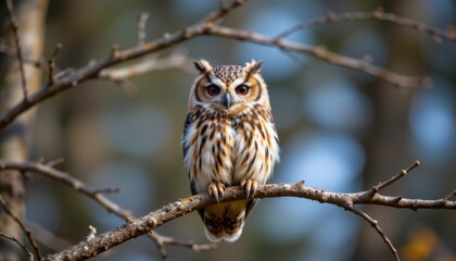Majestic owl perched on tree branch woodland wildlife photography natural habitat close-up view animal behavior