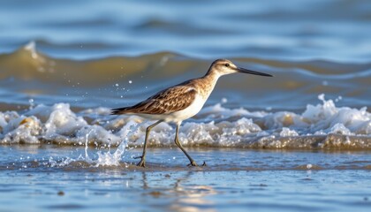 Obraz premium Wading bird foraging by the shoreline ocean wildlife photography coastal environment close-up view nature beauty