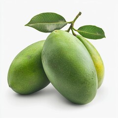Two green mangoes with leaves on a white background