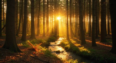 Fototapeta premium An enchanting forest scene illuminated by the golden light of a setting sun. The sun’s rays filter through the dense canopy of tall trees
