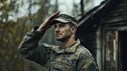 Obraz premium A soldier in camouflage military uniform salutes in front of a house, with an American flag visible in the background.