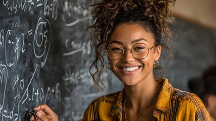 A smiling young woman with glasses writes equations on a blackboard full of complex mathematical formulas in a classroom setting.
