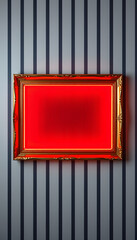 Grunge gold wooden frame on striped wallpaper with clipping path, glowing neon. White tone