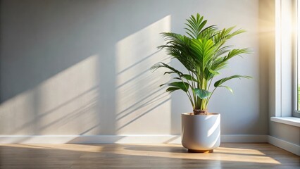Fototapeta premium Tropical plant in a modern planter with good sunlight and a minimalist background , natural light, modern home decor