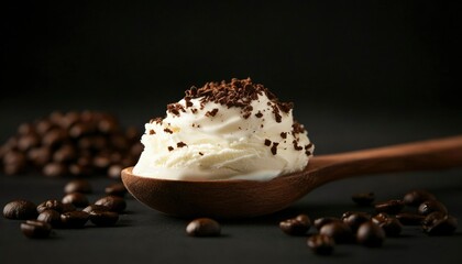 Creamy vanilla ice cream with chocolate chips on wooden spoon