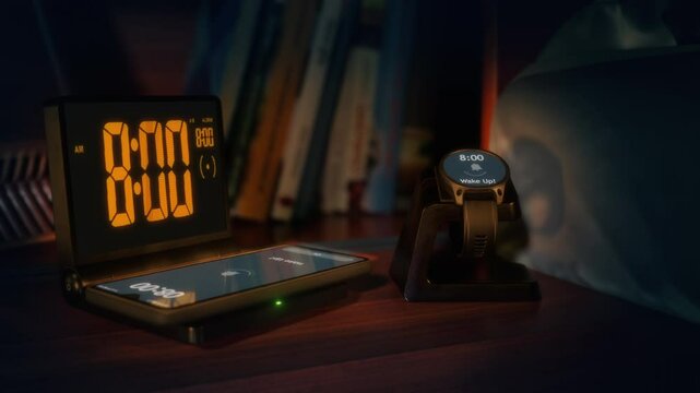 Digital alarm clock with phone charger and smart watch are waking up at 8 AM. The numbers on the clock screen changes from 7:59 to 8:00AM. Alarm goes off on the charging phone and the smart watch also