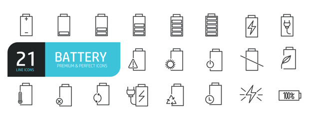 Set of line icons related to battery, energy, charging. Outline icons collection. Editable stroke. Vector illustration
