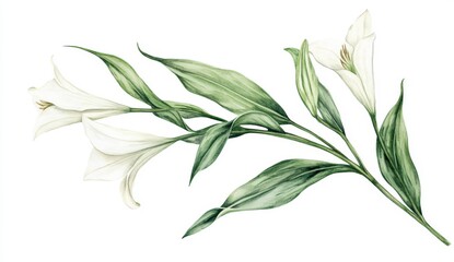 Obraz premium White Lilies and Green Leaves Botanical Illustration