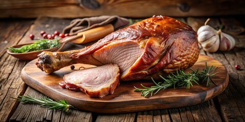 A juicy smoked turkey leg sits on a rustic wooden table with a few slices of crispy skin peeled off, revealing the tender and flavorful meat inside , smoked, turkey