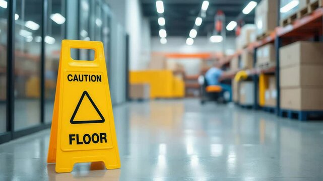 Work safety guidelines, A man holding a caution sign in a warehouse, indicating a wet floor to ensure safety in a busy environment.