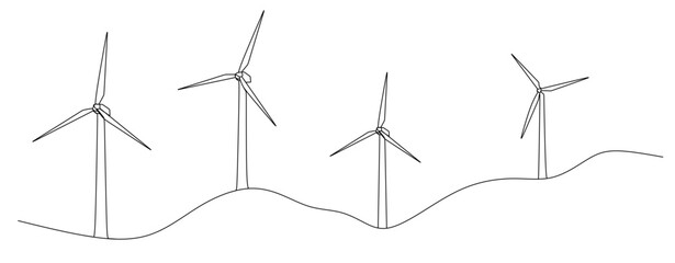 continuous single line drawing of wind farm  renewable energy wind turbines line art vector illustration