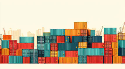 Obraz premium Colorful stacked shipping containers with cityscape background