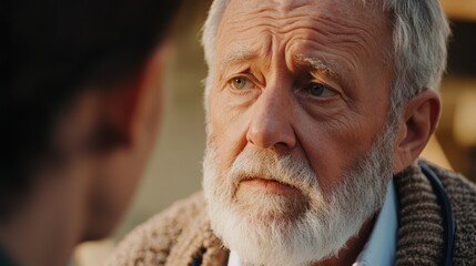 Concerned senior Caucasian doctor listens attentively, conveying empathy during consultation providing support well-being health.