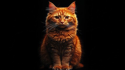A ginger cat sits against a black background.