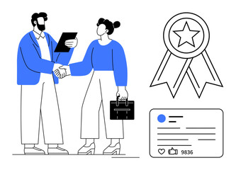 Two professionals shaking hands, award badge, social media post with thumbs ups. Ideal for business, agreement, teamwork, recognition, achievement, social media successful collaboration simple