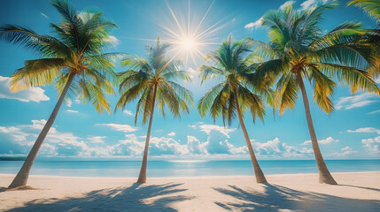 Beautiful tropical beach with tall palm trees, white sandy shore, and clear blue sky under the shining sun