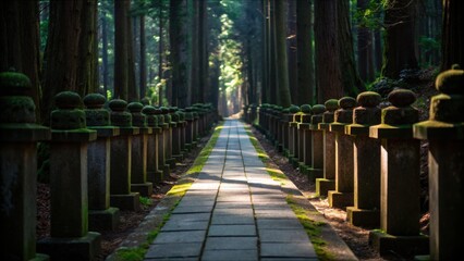 Serene Forest Path with Stone Markers Surrounded by Tall Trees