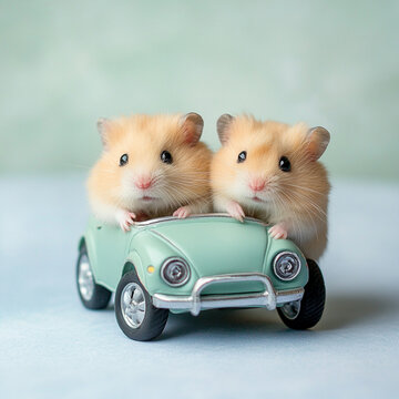 Two cute fluffy hamsters are sitting in a retro car.
