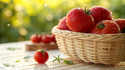 Tomatoes in basket with water drop and some tomato on table in natural sunny day background, Tomato in basket on table