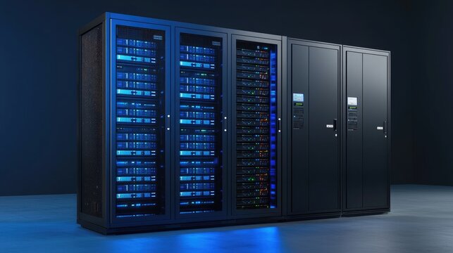 Compact high-performance server unit with glowing indicators and a dark blue background, ideal for edge computing, micro data centers, and modular IT infrastructure visuals