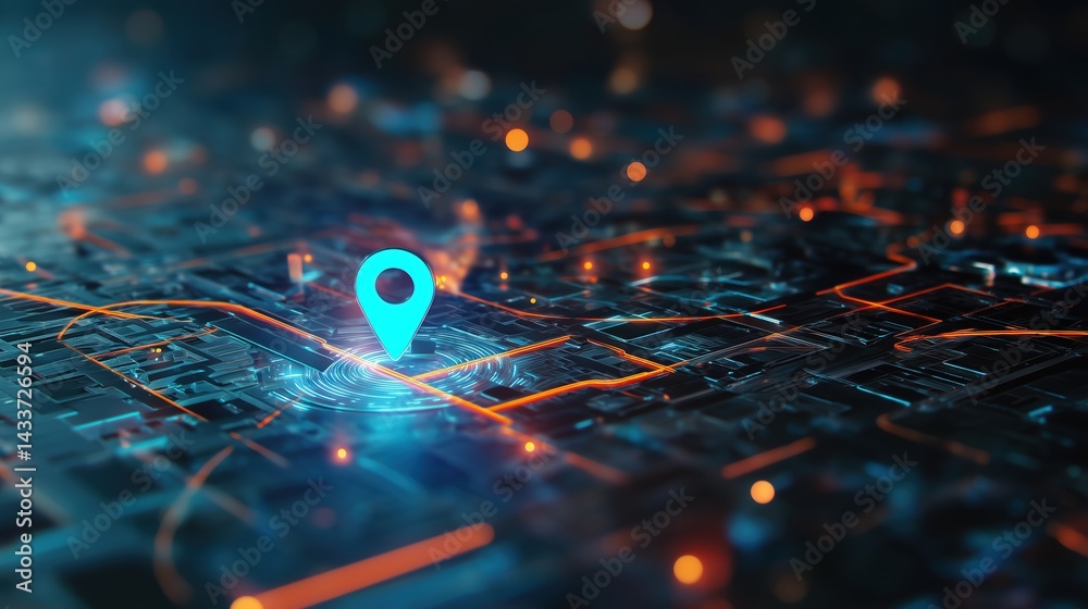 Poster 3D rendering of glowing location pin icon on digital city map with blue and orange lighting effects, surrounded by circuit patterns and abstract highway lines connecting urban structures. Concept of A