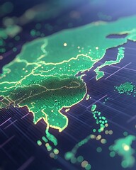 Glowing digital map of East Asia, highlighting interconnectedness and data flow