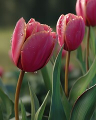 Naklejka premium Explore the Beauty of a Colorful Tulip Field with Vibrant Blooms and Refreshing Dewdrops