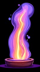A vibrant purple and orange flame dances within a small, earthen bowl, casting a magical glow