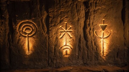 Glowing Symbols in Cave Illuminated by Torchlight