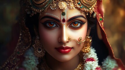 Stunning Indian Bride Portrait Golden Jewelry Red Sari Beautiful Woman Traditional Makeup Festive Elegant Indian Culture Bridal Fashion Artistic      