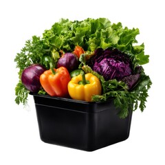Fresh vegetables in a black pot on white background