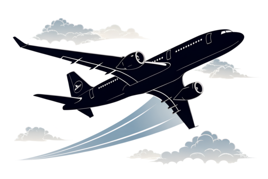A black airplane silhouette in flight, perfect for design, signage, or travel icons. Transparent background for versatile use.