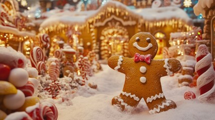 Obraz premium Gingerbread man stands happy in sugary Christmas village, celebrates festivity with sweetness, holiday spirit.