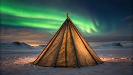 Tent Under Aurora in Tundra Landscape at Night Sky Light Show