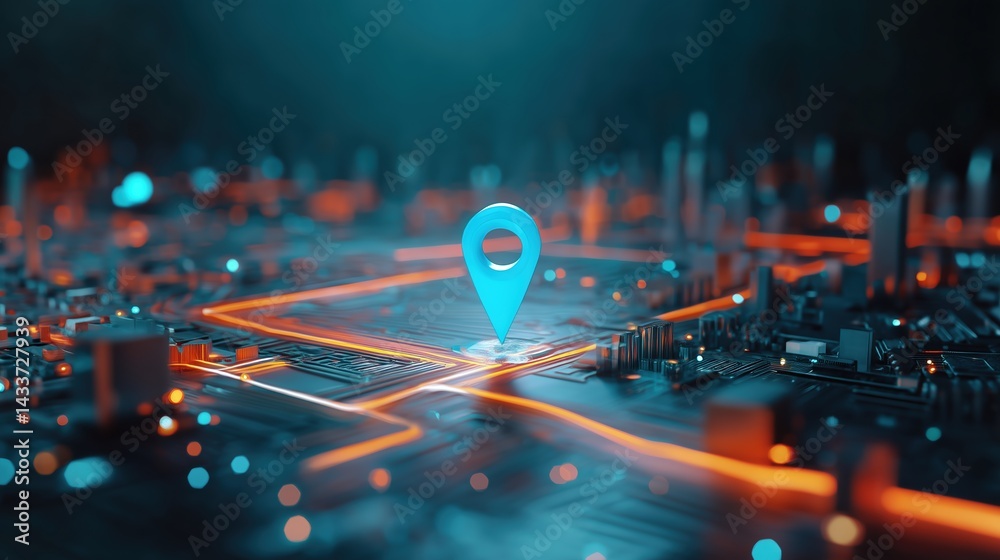 Poster 3D rendering of glowing location pin icon on digital city map with blue and orange lighting effects, surrounded by circuit patterns and abstract highway lines connecting urban structures. Concept of A
