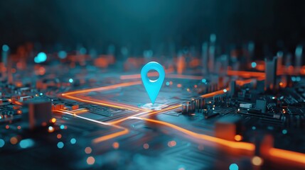 3D rendering of glowing location pin icon on digital city map with blue and orange lighting effects, surrounded by circuit patterns and abstract highway lines connecting urban structures. Concept of A