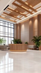 Modern lobby with wood paneling, a circular reception desk, and large windows, illuminated by warm lighting