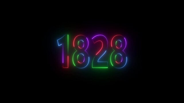 1828 neon line text. Abstract 1828 neon text animation ,For neon color Glowing neon number text background 4k video animation . 1828 title metal text on black alpha channel background.