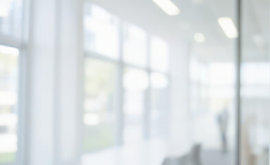 Blurred image of bright interior space with large windows and white walls. Ultra bokeh photo without focus with a soft and warm touch of light.