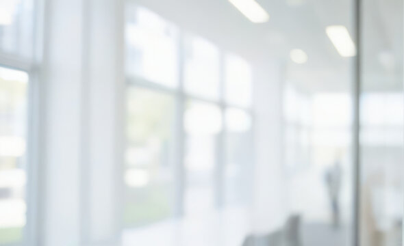 Blurred image of bright interior space with large windows and white walls. Ultra bokeh photo without focus with a soft and warm touch of light.